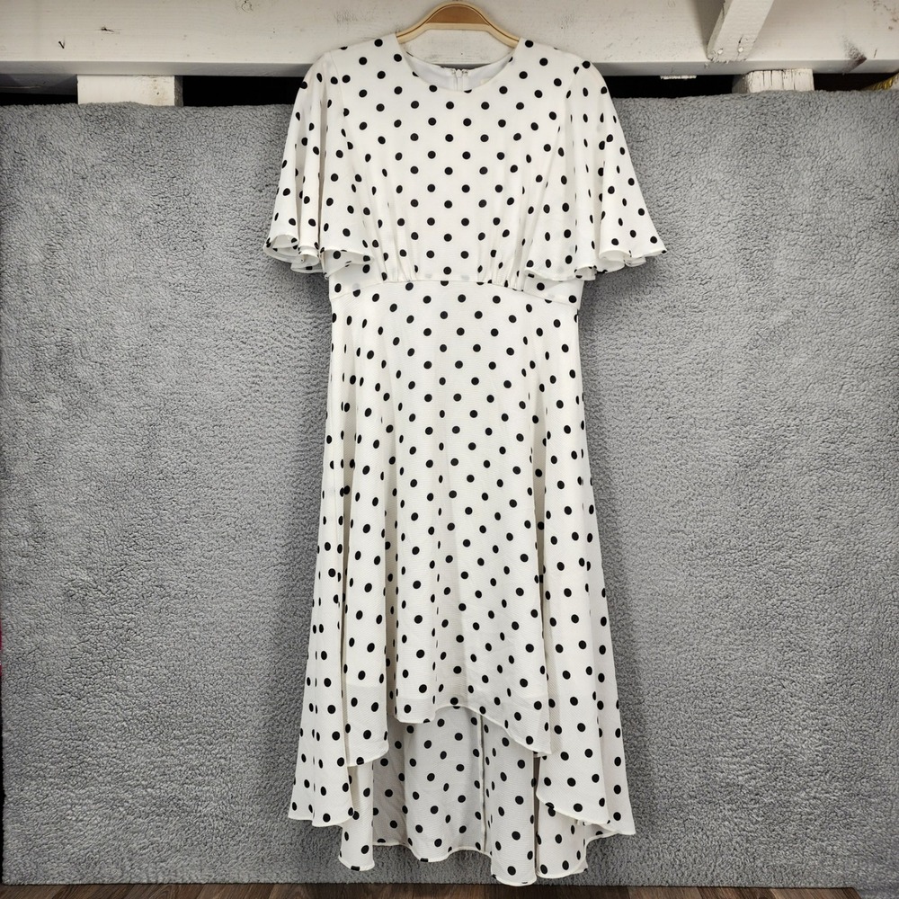 Eliza J Women White Black Polka Dot Flutter Sleeve High Low Midi Dress Size 6